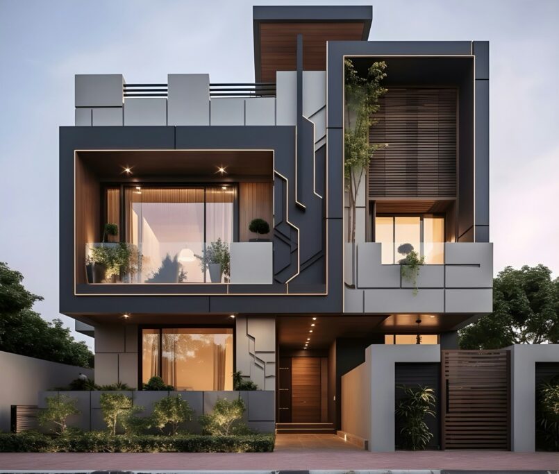Modern three-story luxury house design in Ludhiana featuring a charcoal geometric facade, recessed balconies with warm LED strip lighting, large glass windows, and minimalist landscaping.