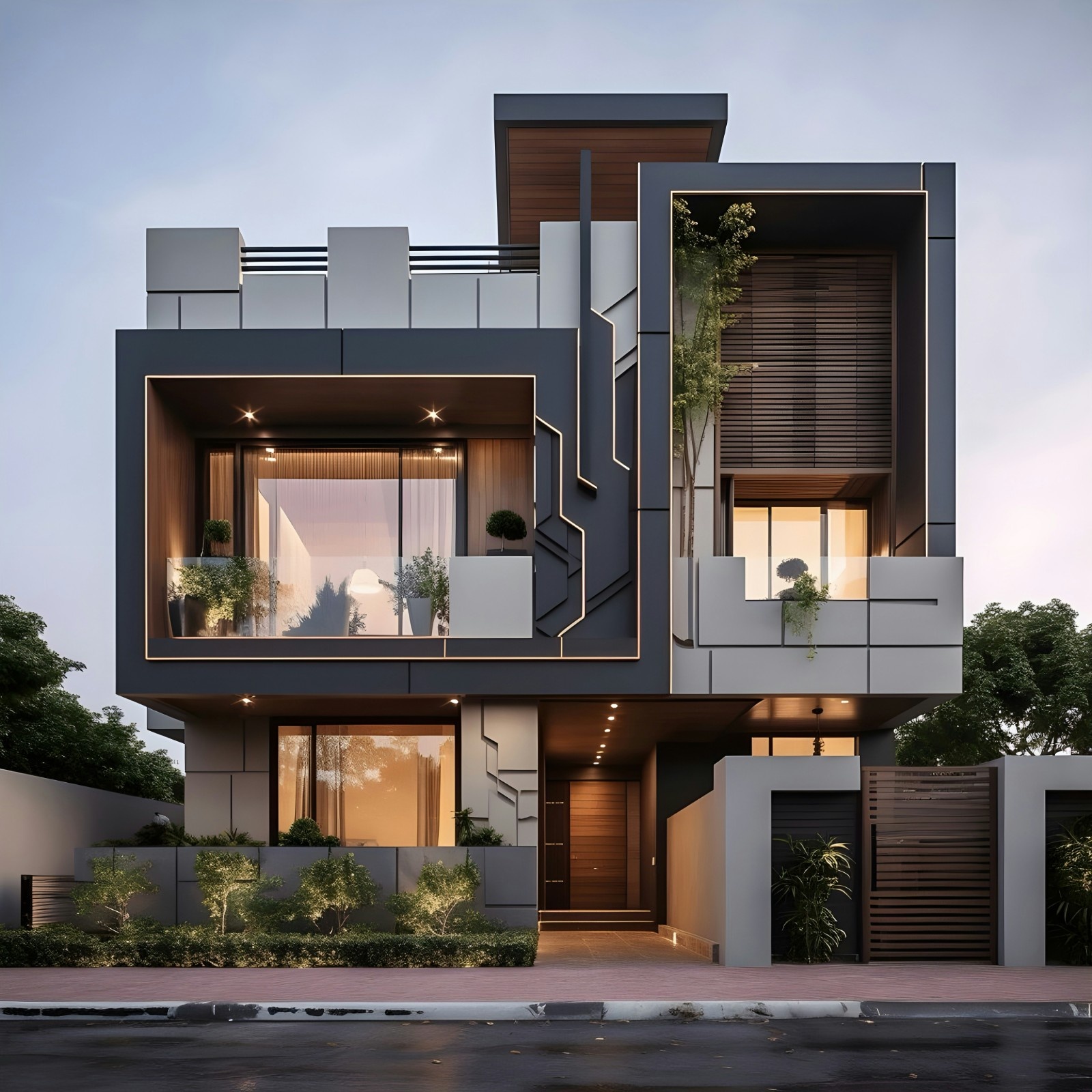Modern three-story luxury house design in Ludhiana featuring a charcoal geometric facade, recessed balconies with warm LED strip lighting, large glass windows, and minimalist landscaping.